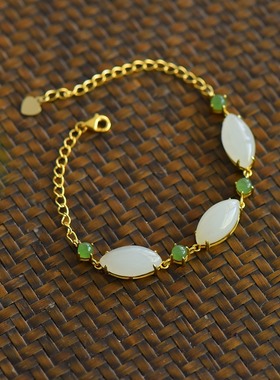 s925银和田玉青海料马眼玉石手链时尚百搭女手串手链配饰礼品