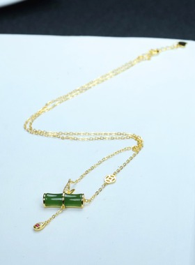 S925银和田玉碧玉节节高升竹节玉石吊坠挂件时尚女款玉坠项链