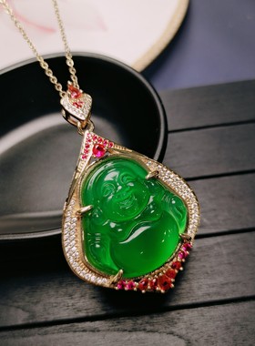 天然高冰种帝王绿玉髓镶嵌大佛公吊坠弥勒佛挂件时尚女款笑佛玉坠