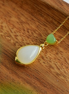 S925银和田玉羊脂白玉水滴玉石吊坠挂件时尚气质锁骨玉坠项链