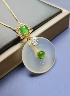 天然冰种玉髓镶嵌白冰平安扣项链吊坠挂件时尚女士款玛瑙玉坠项链