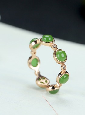 s925银镶嵌新疆和田玉碧玉满天星戒指简约时尚女指环戒圈饰品