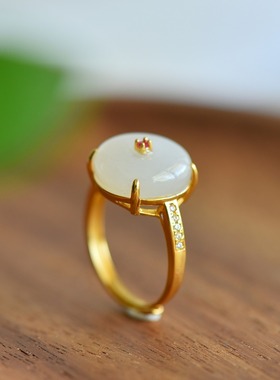 s925银镶嵌新疆和田玉白玉平安扣玉戒戒指简约时尚女指环饰品