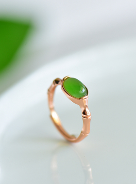 s925银镶嵌新疆和田玉碧玉竹节活口玉戒指简约时尚女指环饰品