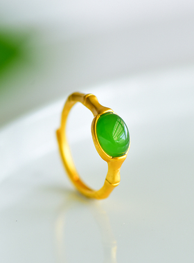 s925银镶嵌新疆和田玉碧玉竹节玉石戒指简约时尚指环戒圈饰品