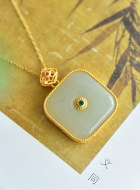 S925银镶和田玉且末蓝方形项链吊坠玉石挂件时尚气质女款玉坠