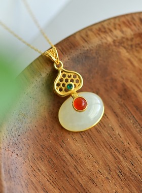 S925银和田玉白玉葫芦玉石吊坠福禄挂件时尚气质女款玉坠项链