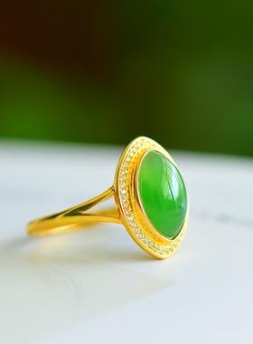 s925银镶嵌新疆和田玉碧玉猫眼时尚百搭戒指男女指环饰品