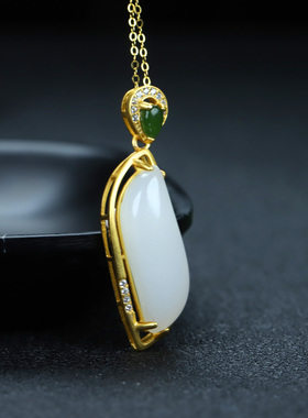 S925银和田玉羊脂白玉柳叶玉石吊坠挂件时尚气质女款玉坠项链