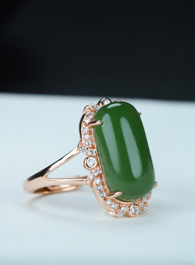 s925银镶嵌新疆和田玉碧玉桥形戒指简约时尚男女指环戒圈饰品