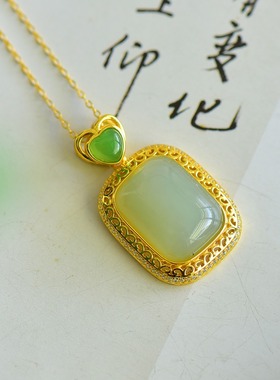 S925银和田玉且末蓝方形玉石吊坠挂件时尚气质男女款挂件玉坠项链