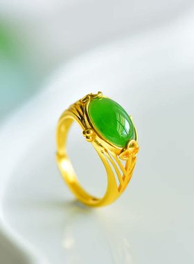 s925银镶嵌新疆和田玉碧玉蛋形戒指简约时尚女款指环戒圈饰品