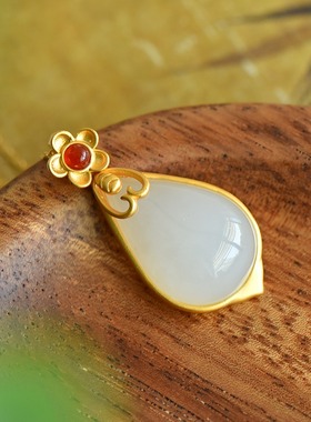 S925银古法银镶和田玉白玉水滴形玉石吊坠挂件时尚气质锁骨链