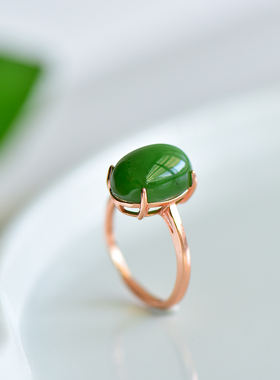 s925银镶嵌新疆和田玉碧玉菠菜绿蛋面玉戒指简约时尚指环饰品