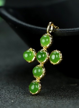 S925银和田玉碧玉菠菜绿半圆玉石吊坠挂件时尚气质女玉坠项链