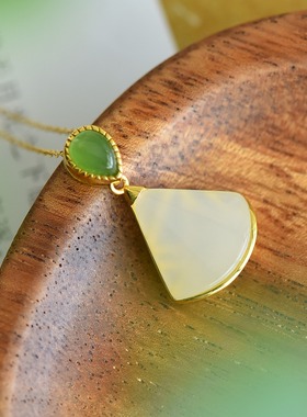 S925银和田玉羊脂白玉扇形玉石吊坠挂件时尚气质锁骨玉坠项链