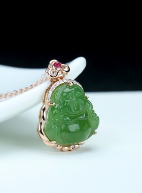 S925银和田玉碧玉鎏金弥勒笑佛玉石吊坠挂件时尚女款玉坠项链