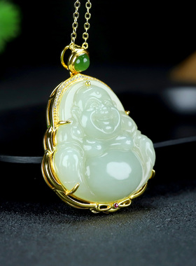 S925银镶新疆和田玉白玉佛公玉石吊坠挂件时尚男女款玉坠项链