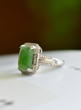 s925银镶嵌新疆和田玉碧玉方形戒指简约时尚女款指环百搭饰品