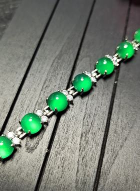 天然冰彩帝王绿玉髓镶嵌十三颗蛋面女款翠绿色手链手饰品一条