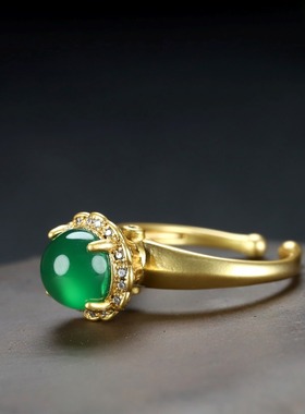 s925银新疆和田玉古法镶嵌玉髓开口戒指简约时尚指环戒圈饰品