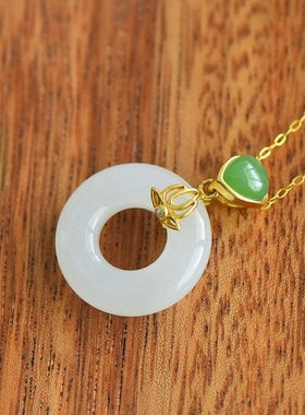 S925银和田玉白玉平安扣玉石吊坠挂件时尚气质女士款玉坠项链