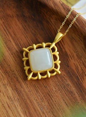 S925银镶和田玉白玉方形玉石吊坠挂件时尚气质女士款玉坠项链