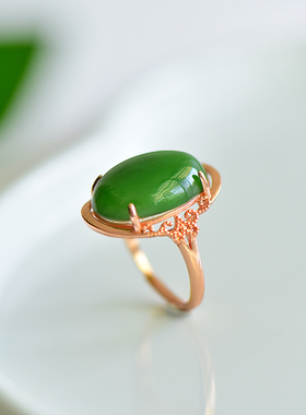 s925银镶嵌新疆和田玉碧玉菠菜绿蛋形玉戒指指环戒圈饰品百搭