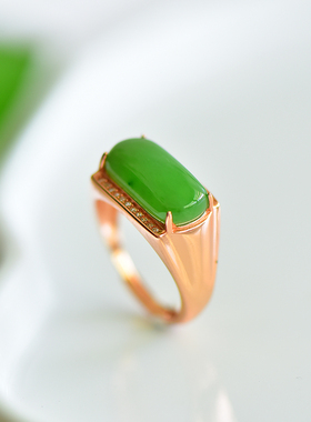 s925银镶嵌新疆和田玉碧玉男士方形玉戒指时尚女指环戒圈饰品