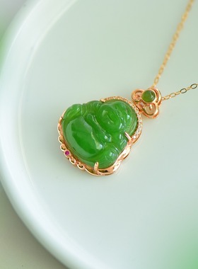 S925银和田玉碧玉弥勒笑佛佛公玉吊坠挂件时尚男女款玉坠项链