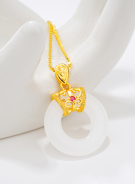 新款越南沙金项链女款镶嵌玉石金镶玉平安扣久不掉色饰品水波链