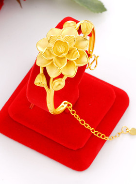 富贵花开沙金手镯大花瓣镯子女款真黄金新娘配饰显瘦磨砂网红款