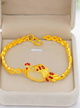 沙金女士项链手链孔雀两件套镶嵌宝石猫眼石坠子仿黄金色首饰饰品