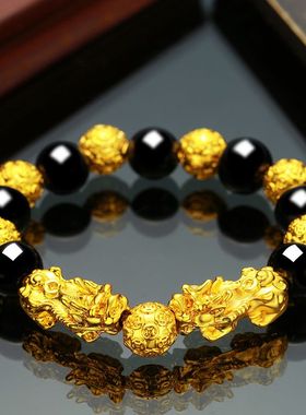 越南沙金貔貅手链男女黑曜石镀金手串招财佛珠首饰转运久不掉色