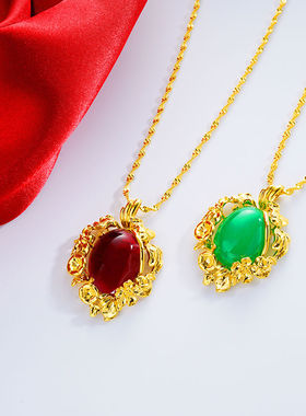 新沙金项链女仿黄金色马来玉宝石吊坠配锁骨细链久不掉色镀金首饰