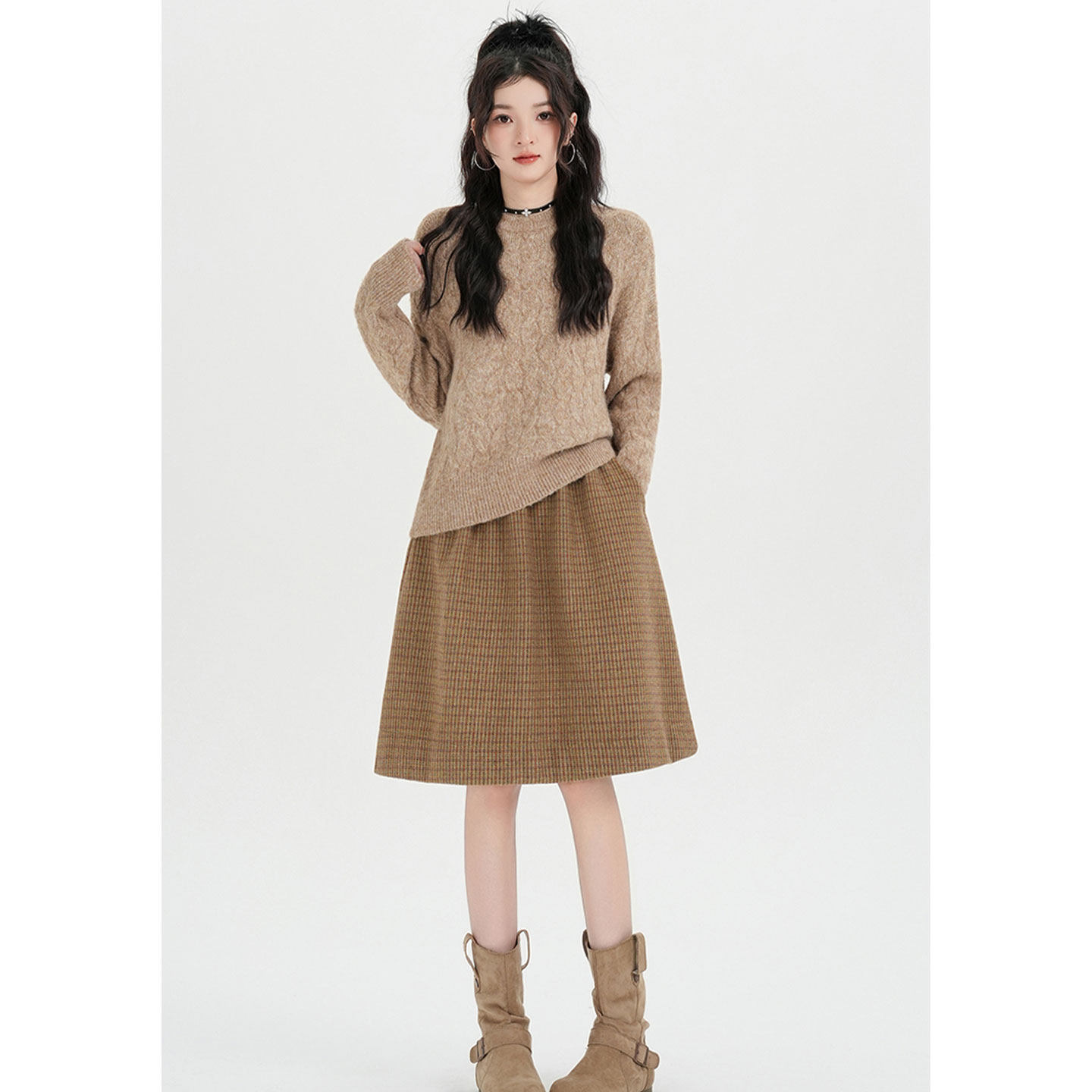 2026春季新款双口袋小格子毛呢半身裙松紧腰中长款a字超好看短裙,淘宝优惠券,粉丝福利购,淘宝优惠卷