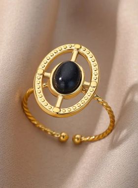 PVD Plated Stainless Steel Ring Vintage Square Oval Natural