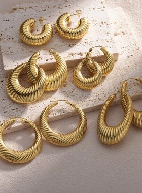 Trendy Round Chunky Hoop Earrings For Women Gold Plated