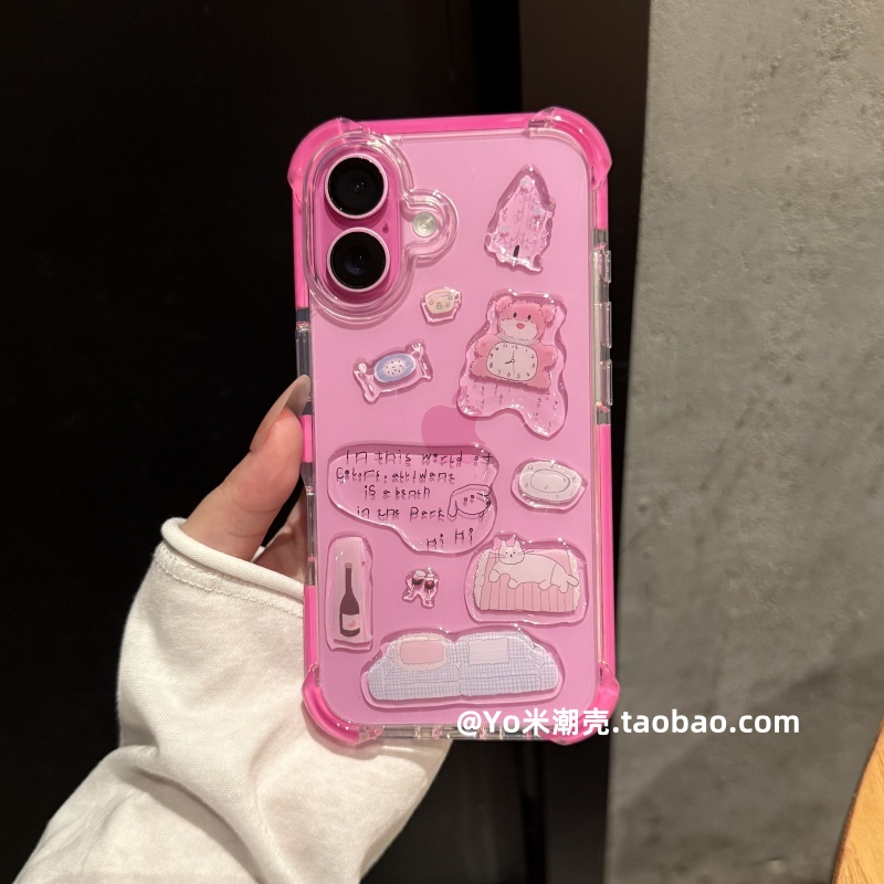 创意diy立体小熊贴纸适用iphone16手机壳新款苹果17PRO全包保护套15promax亚克力四角气囊14/13软边plus防摔 - 图0