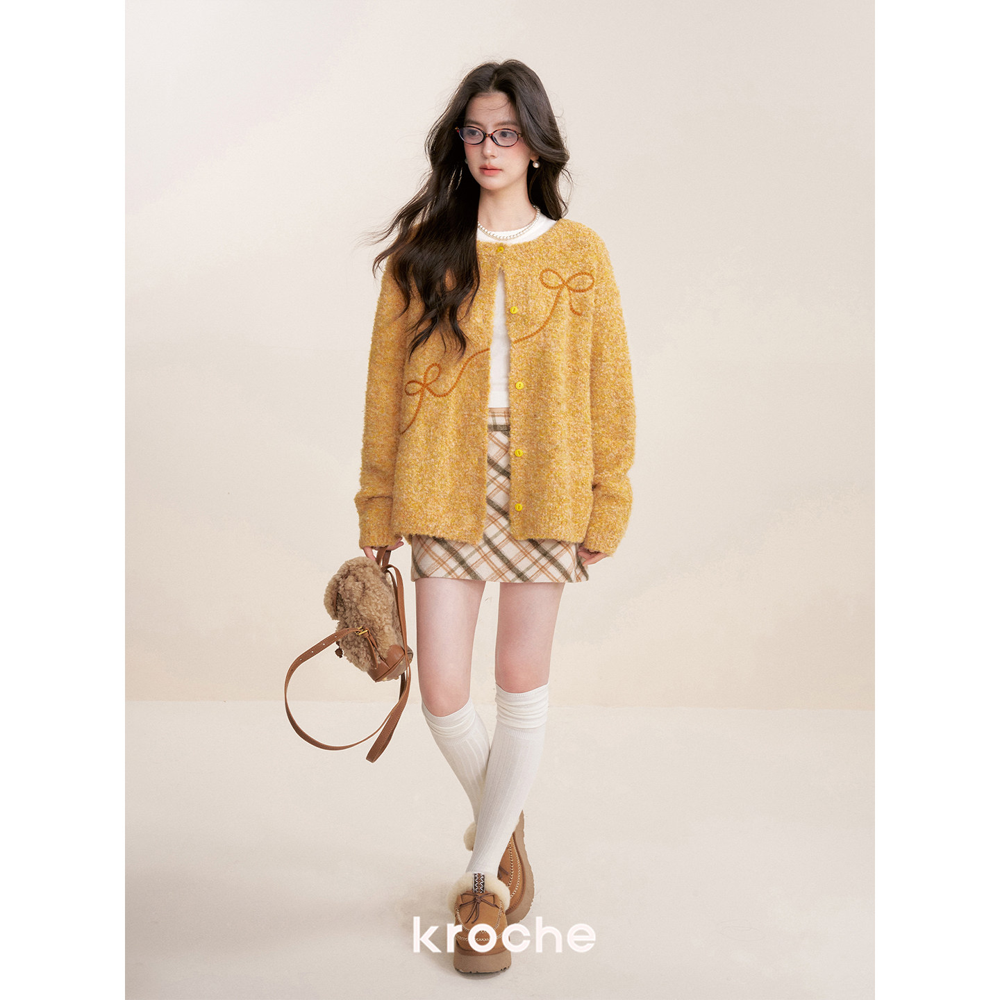 Kroche  落日绒团 重工蝴蝶结立体绣 羊毛混纺圈圈纱毛衣开衫,淘宝优惠券,粉丝福利购,淘宝优惠卷