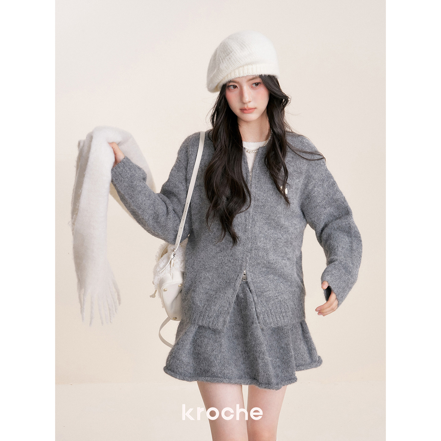 Kroche 冬日暖灰 双拉链 羊毛混纺 植绒小狗毛衣半身裙套装,淘宝优惠券,粉丝福利购,淘宝优惠卷