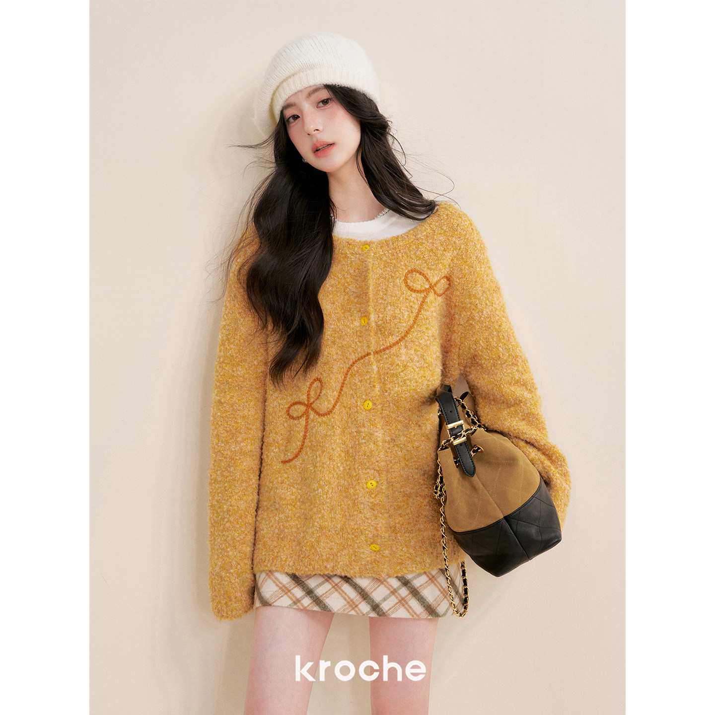 Kroche  落日绒团 重工蝴蝶结立体绣 羊毛混纺圈圈纱毛衣开衫,淘宝优惠券,粉丝福利购,淘宝优惠卷