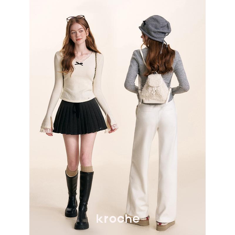 Kroche  浪漫蕾丝 丝绒蝴蝶结 蕾丝拼接v领针织打底衫 - 图3