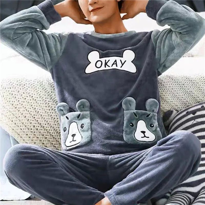 Men Winter Warm Flannel Pajama Set Long Sleeve Thick For Men-图2