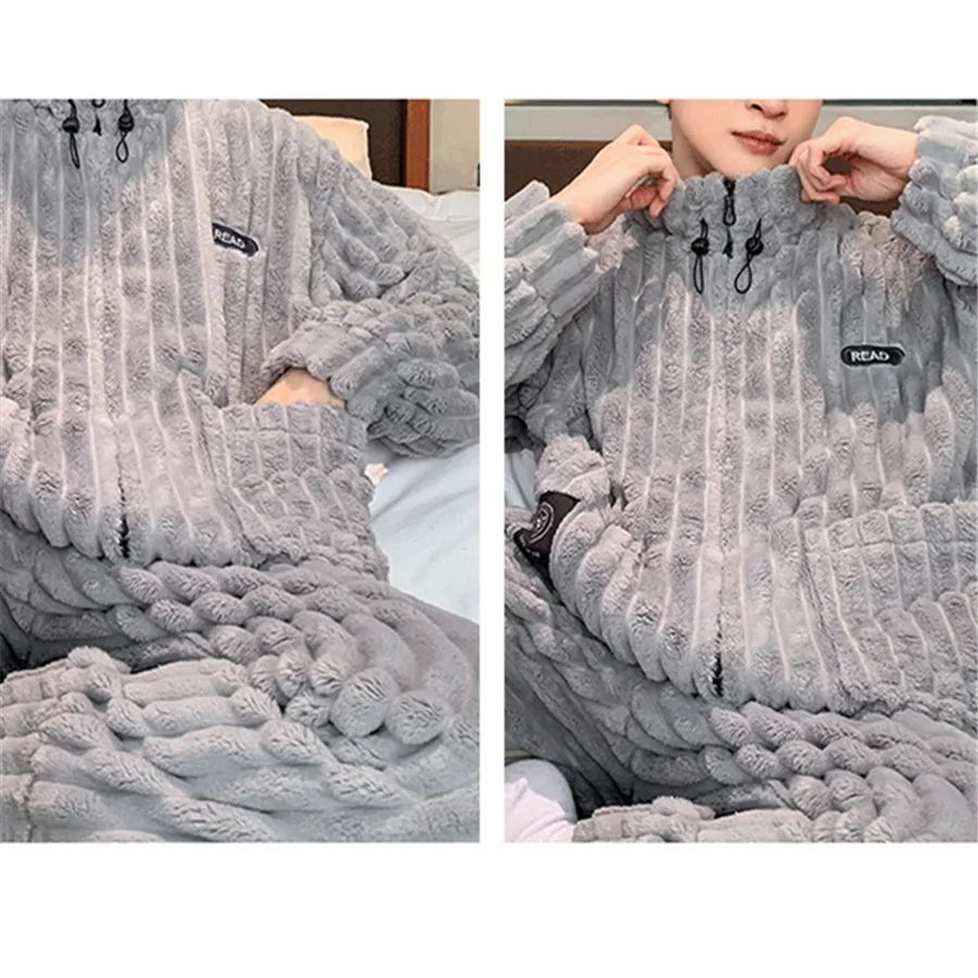Coral Fleece Men Winter Warm Pajamas Sets Stand Collar Fluff - 图3