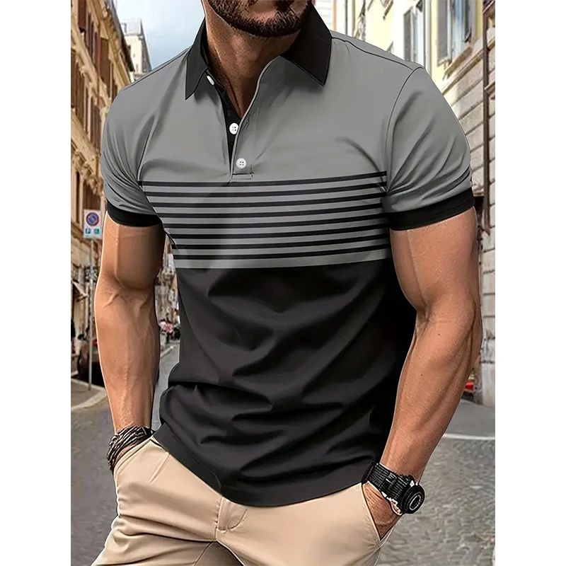 Men's fashion short-sleeved striped stamps shan casual lape-图1