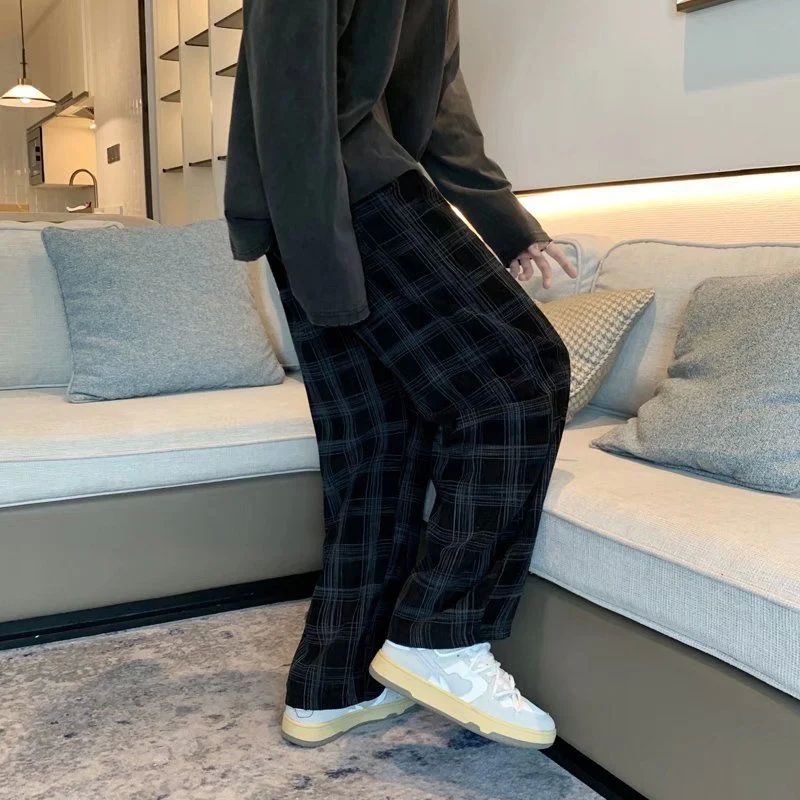 Men Checkered Casual Pants Loose Straight Corduroy Pants Swe - 图2