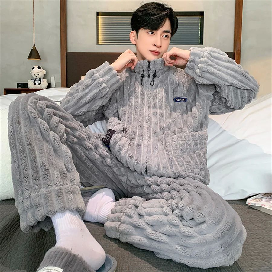 Coral Fleece Men Winter Warm Pajamas Sets Stand Collar Fluff - 图2