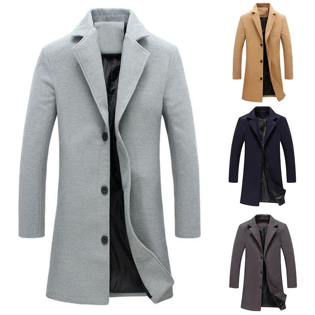 Autumn Winter Fashion Men's Woolen Coats Solid Color Single - 图0