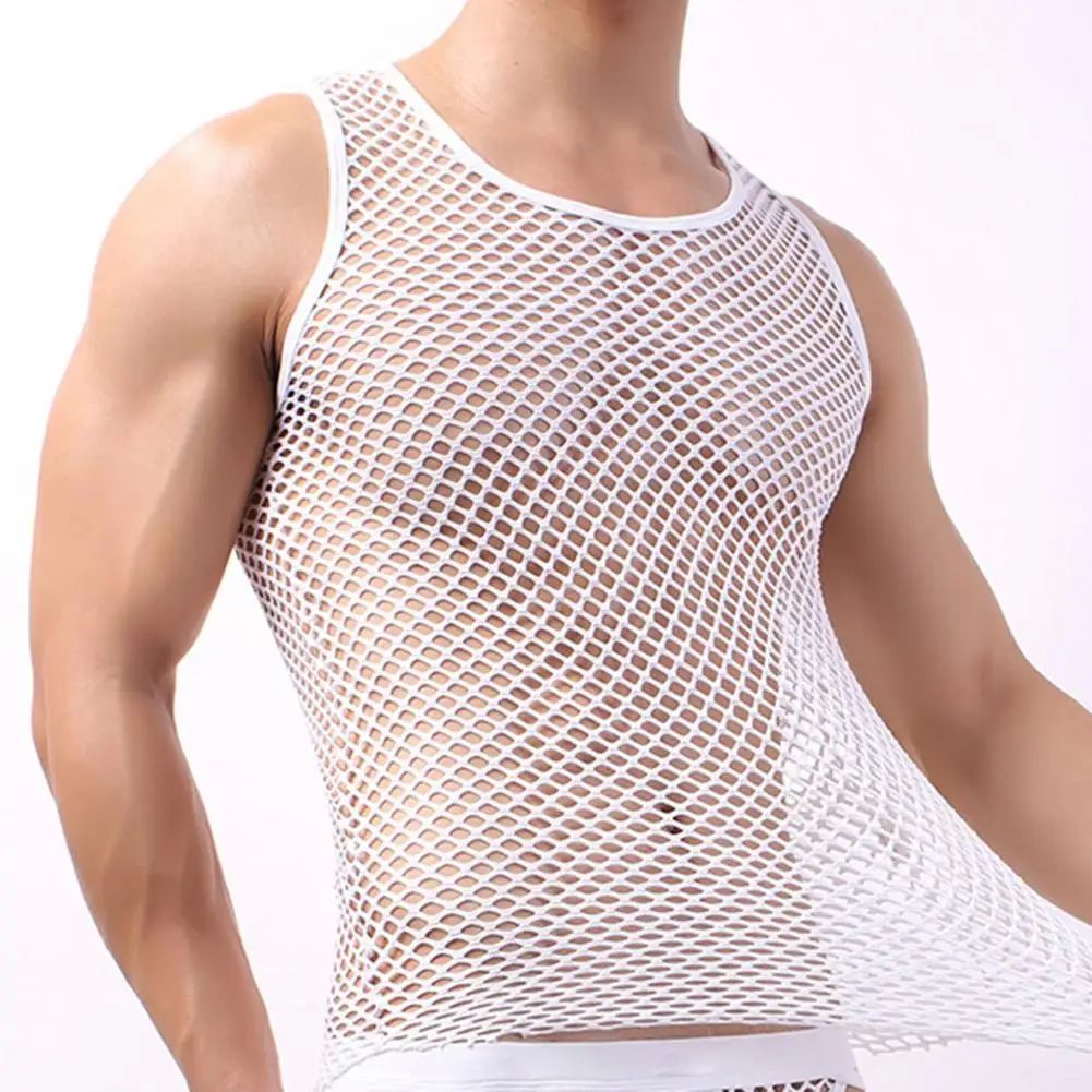 Men Vest Undershirt Gay clothing Nylon Mesh Shirt See Throug - 图0